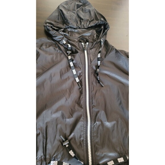 UGG Brittany Hooded Anorak Rain Coat Black Size L White Zipper Pockets Festival - Picture 4 of 15